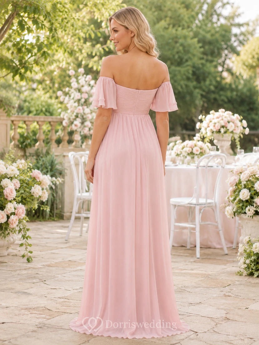 Vestido de baby shower largo hasta el suelo de gasa con hombros descubiertos, color rosa rubor, para el tercer trimestre de maternidad. view 2