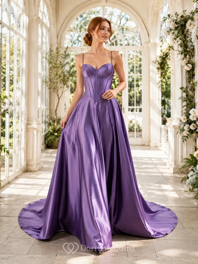 Robe de mariée courte en satin à bretelles spaghetti et lacets, couleur raisin, coupe trapèze, décolleté cœur