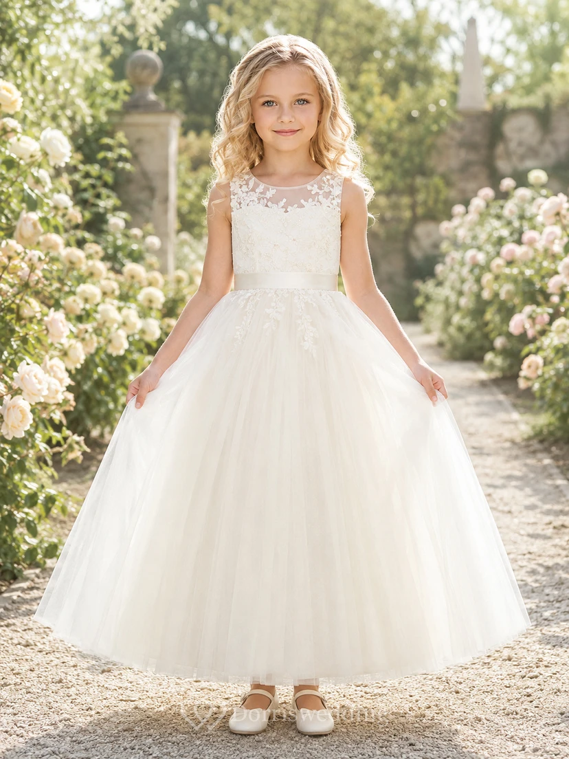 Blumenmädchenkleid aus elfenbeinfarbenem Spitzentüll, A-Linie, Rundhalsausschnitt, Teelänge, Schleife am Rücken