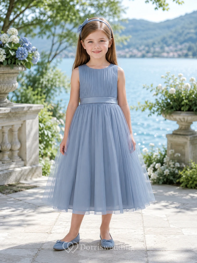 Blue Classic A-Line Satin Flower Girl Dress Sleeveless Scoop Neck Tea-Length Pleated Skirt