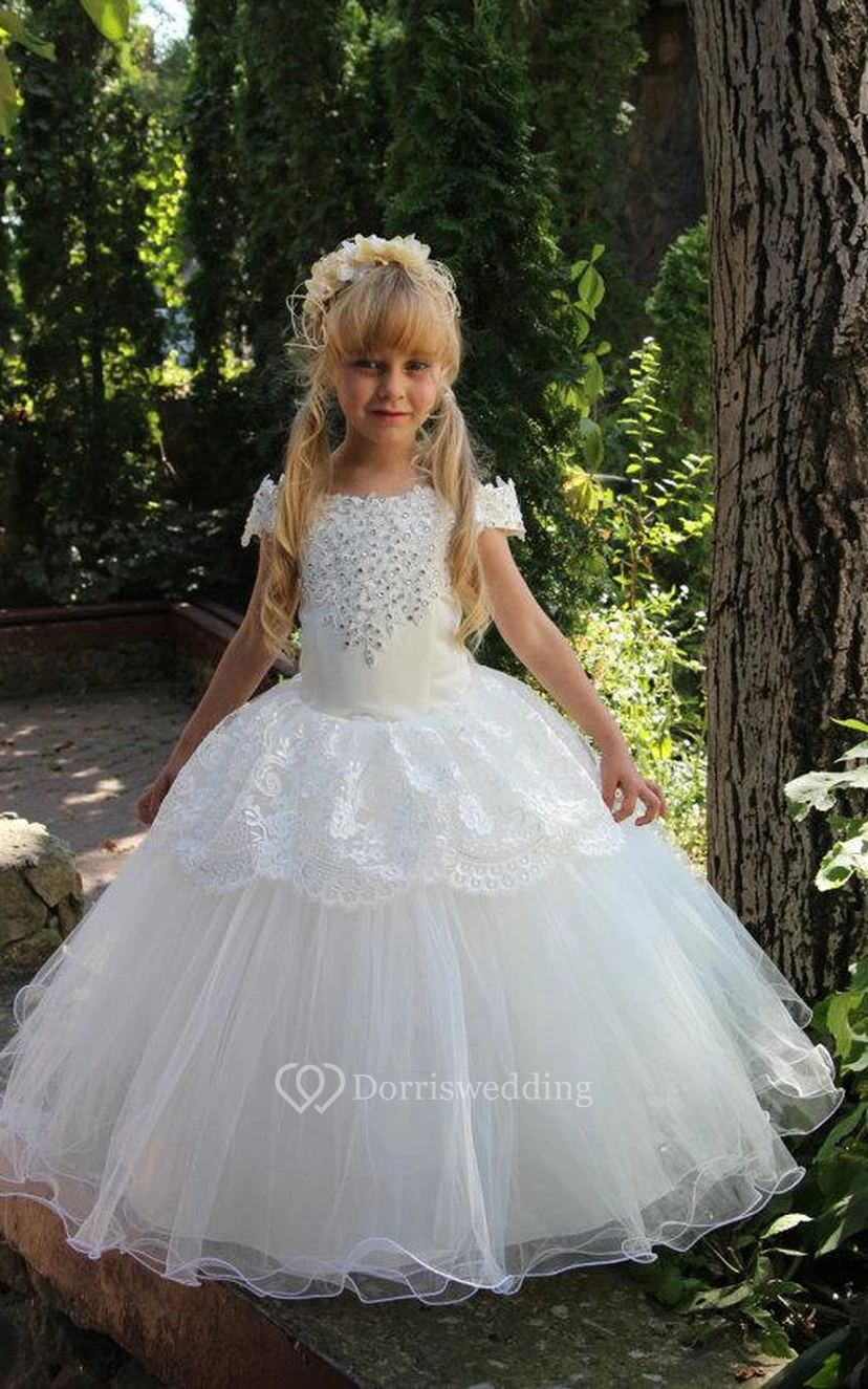 Flower Girl Off-the-shoulder Tulle Ball Gown With Lace