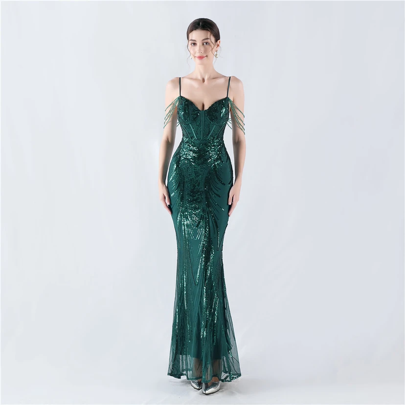 Waist-Reduced Fishbone Shaping Positioning Flower Sequined Anchor Sexy Beaded Suspender Evening Dress view 71