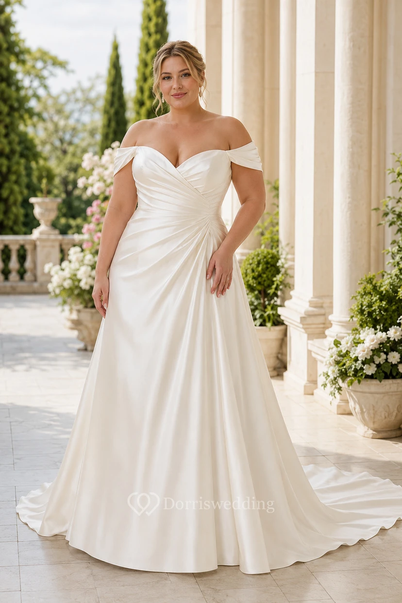 Schulterfreies A-Linien-Brautkleid aus Satin in Übergröße