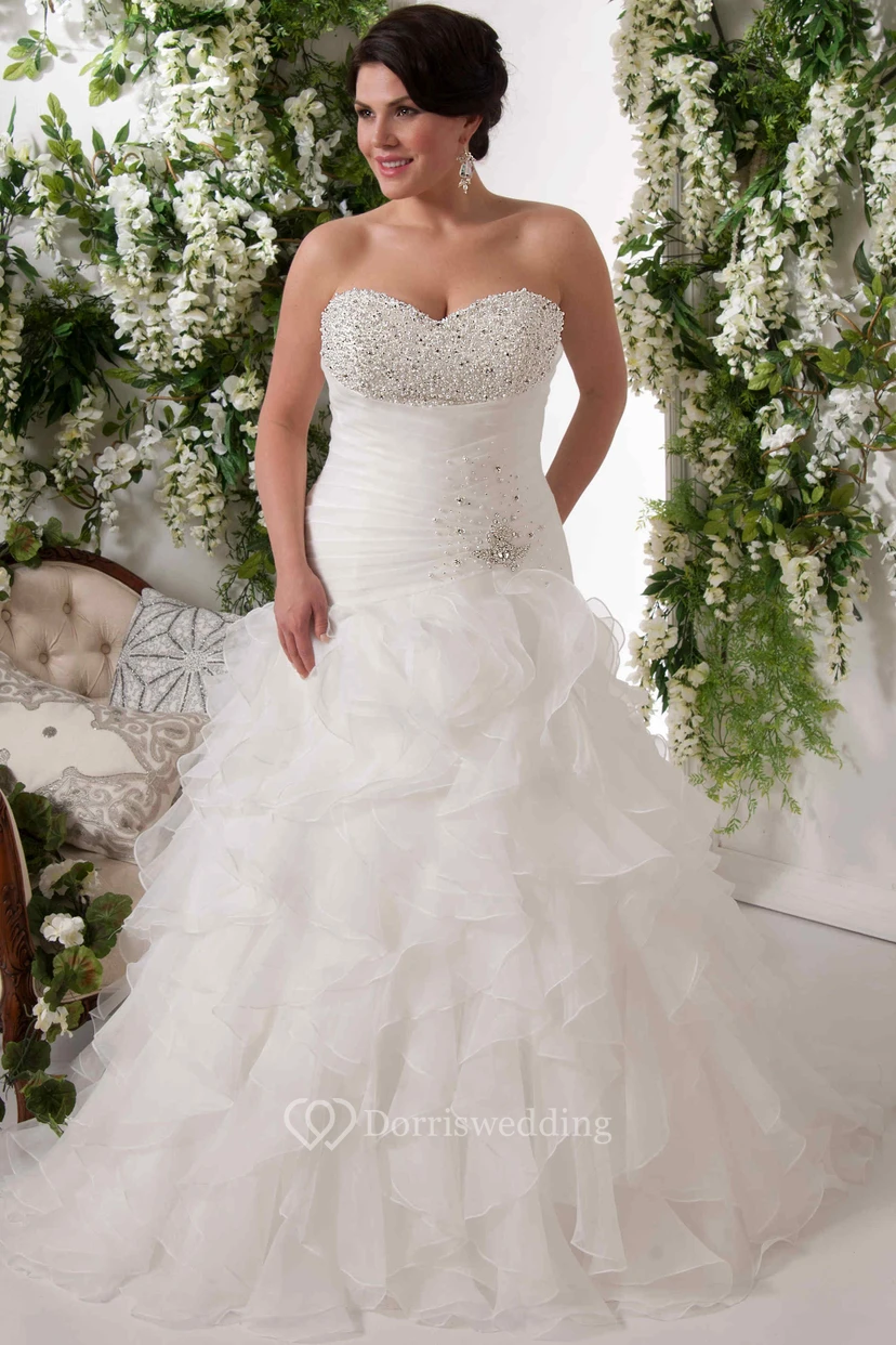 Ball Gown Maxi Sweetheart Sleeveless Cascading-Ruffle Organza Plus Size Wedding Dress With Beading
