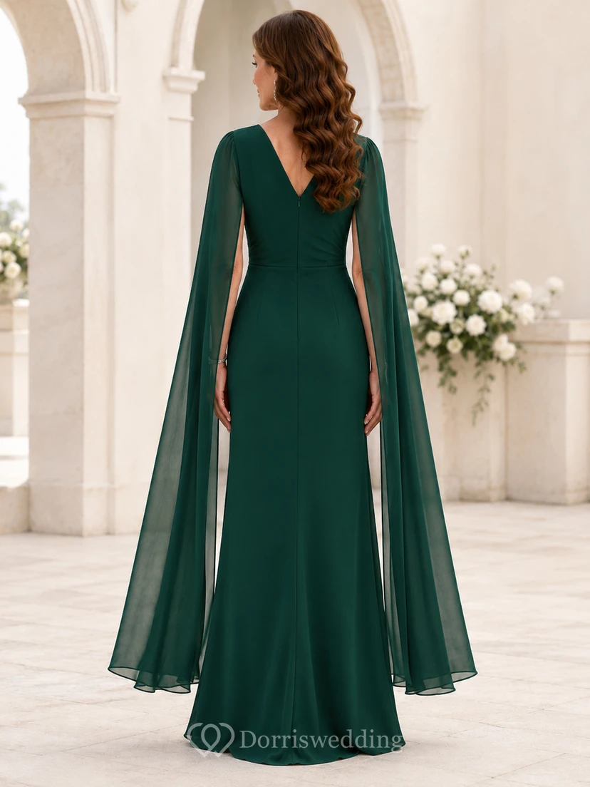 Emerald cowl neck cape sleeve sheath mother evening gown view 2