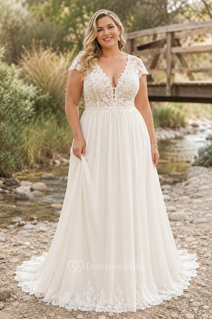 Plus Size Brautkleid in A-Linie mit kurzen Ärmeln, V-Ausschnitt, Spitze und Tüllschleppe