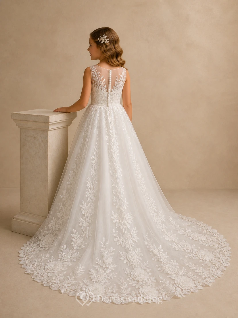 Robe de demoiselle d'honneur princesse ivoire trapèze décolletée sans manches en dentelle florale avec traîne chapelle view 2