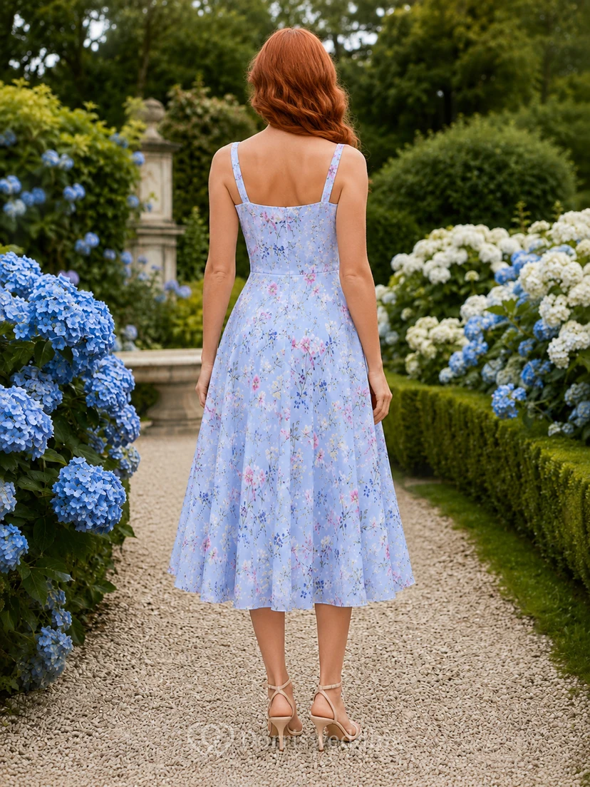 Blue Floral Spaghetti Strap Garden Guest Midi Dress view 2