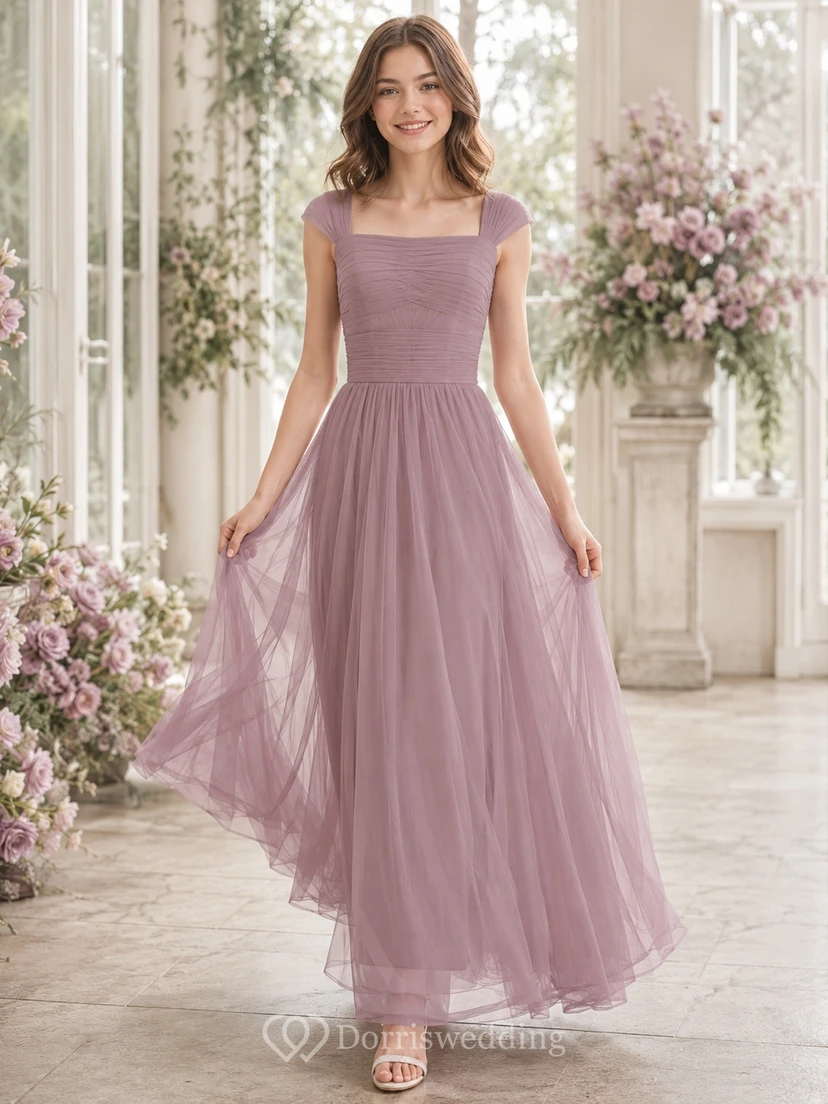 Elegantes Vintage-Brautjungfernkleid in Mauve, A-Linie, eckige kurze Ärmel, Tüll