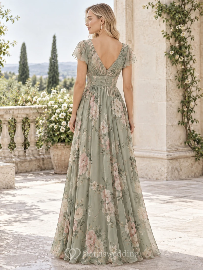 Sage Floral Print Pleated Bodice V-Neck Flutter Sleeve Floor-Length Chiffon Bridesmaid Dress view 2