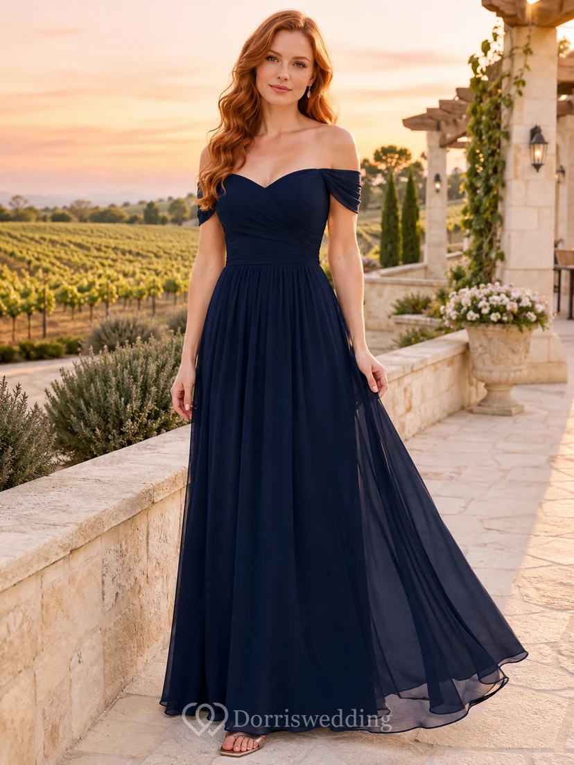Dark Navy Evening Vineyard Wedding Guest Bridesmaid Evening Formal Dress A-Line Floor-Length Off-Shoulder Sweetheart Neck Sleeveless Chiffon Zipper Back