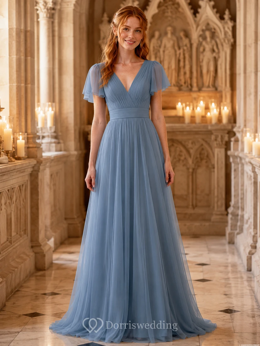 Cathedral Ceremony Formal Steel Blue Romantic Elegant A-Line Chiffon Bridesmaid Dress with V-Neck Short Sleeve Floor-Length Low Back