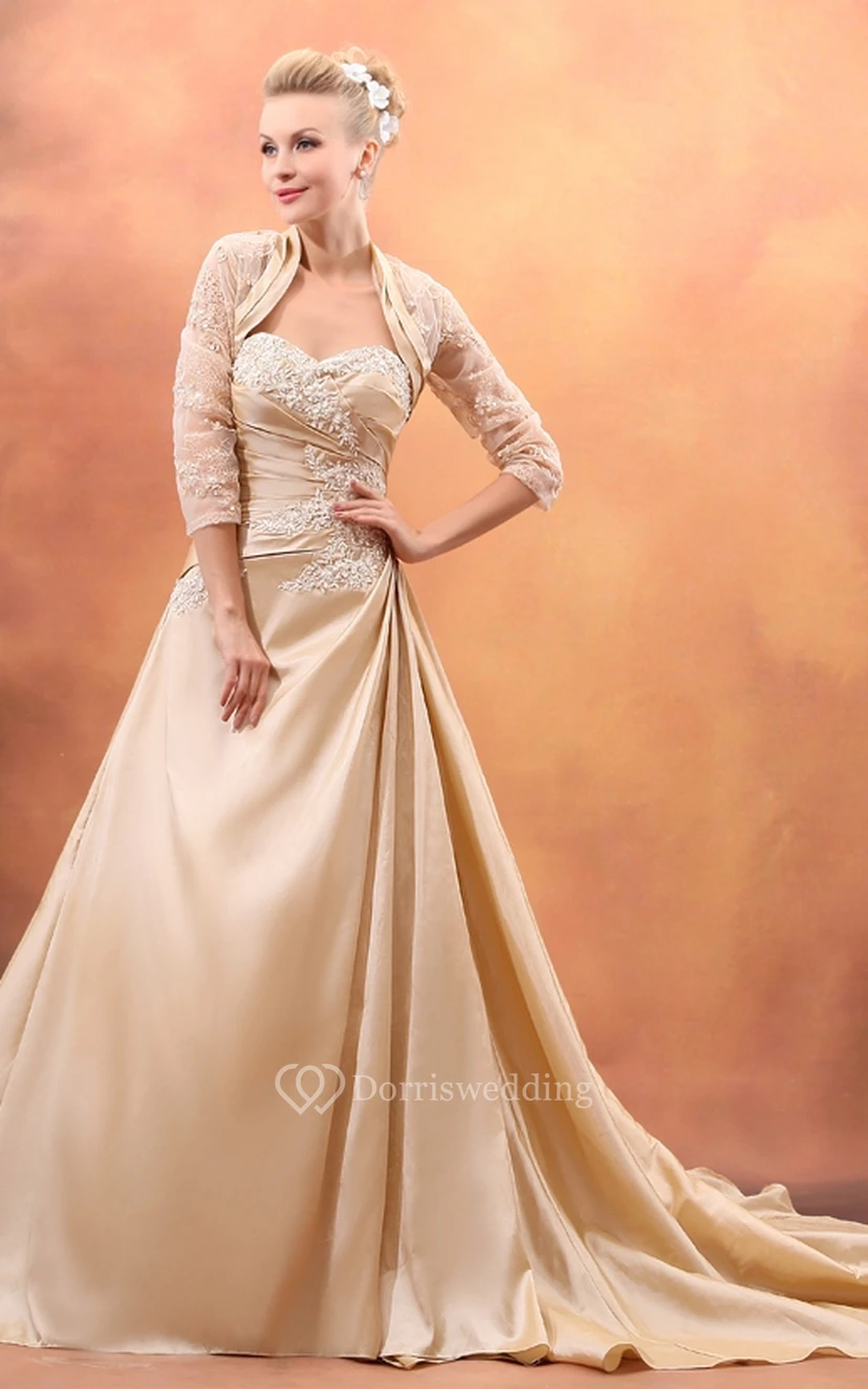 Taffeta Sweetheart A-Line Mother Of Bride Dress With Ruching and Chapel Train view 2