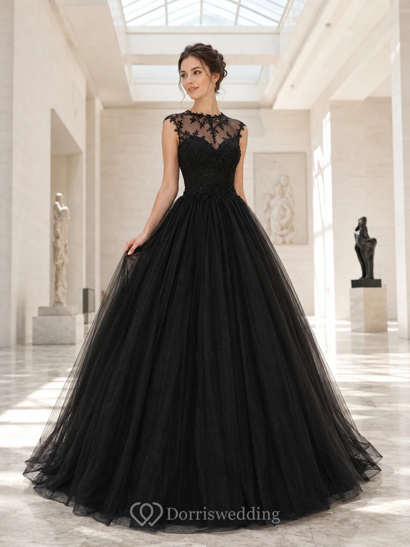 Black High Neck Illusion Tulle Ball Gown Wedding Dress