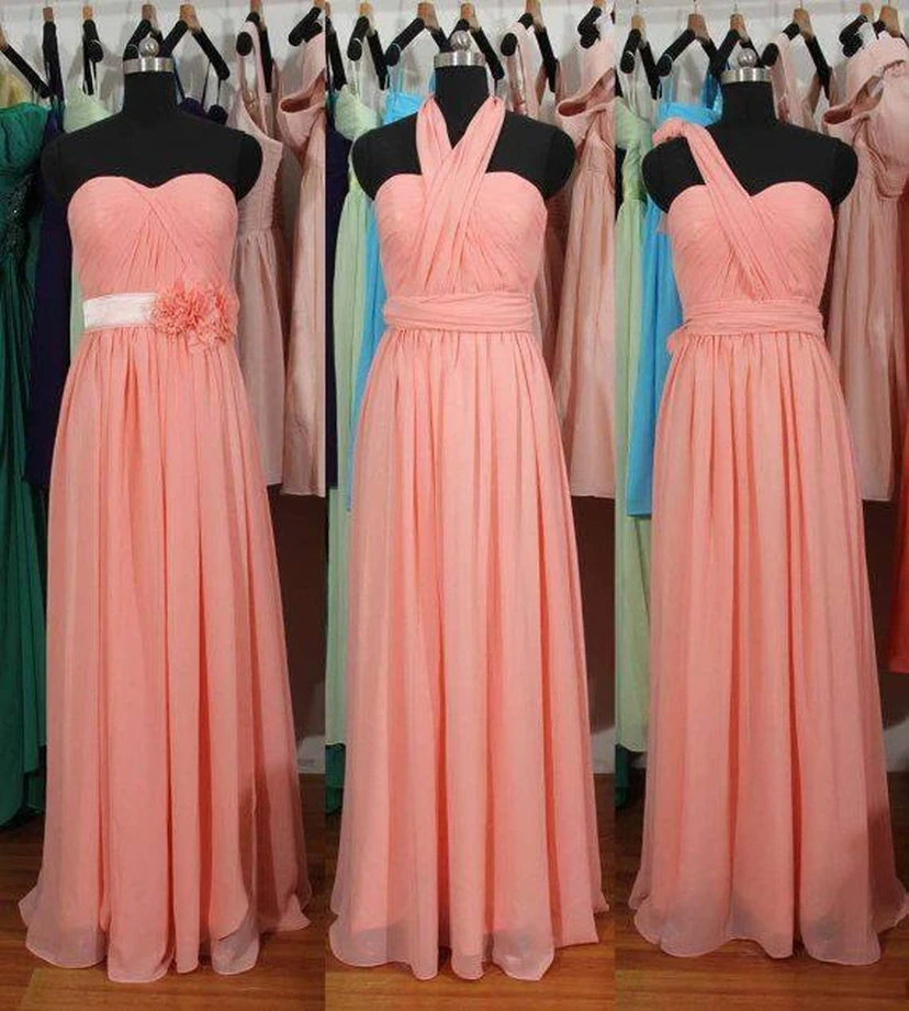 Simple A-Line Chiffon Convertible Bridesmaid Gowns Ruffles Evening Dresses