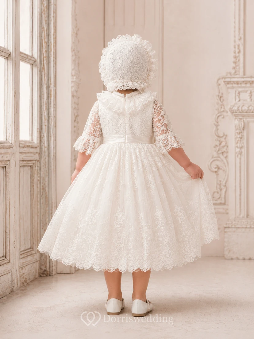 Baby Baptism Christening Ceremony Dress A-Line Tea-Length Jewel Neck Half Sleeve Tulle Lace Bow Back Button Back view 2