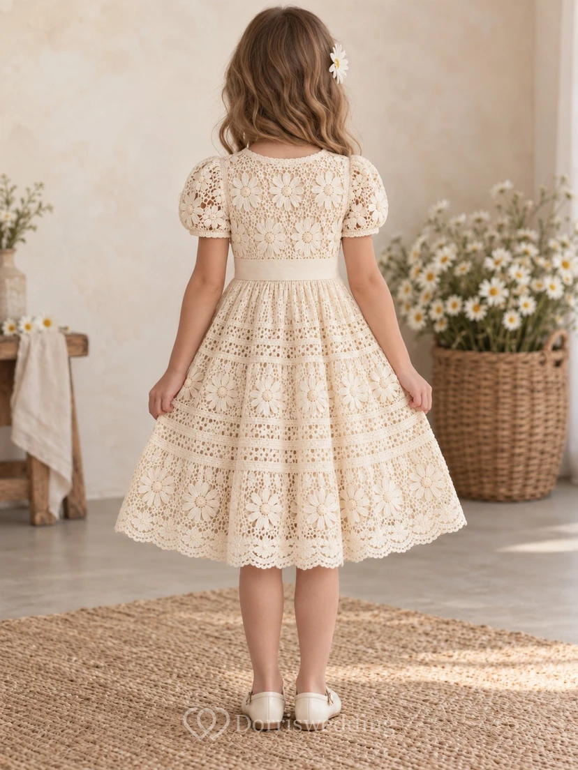 Boho Vintage Tea-length Cream Puff Sleeve Daisy Tiered Lace Flower Girl Dress view 2