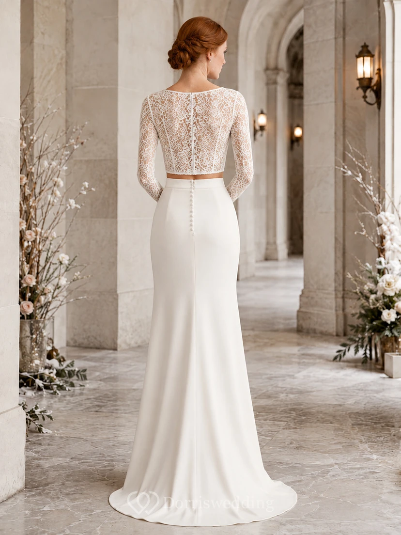 Long Sleeve Lace Crop Top Crepe Mermaid Chapel Bridal Set view 2