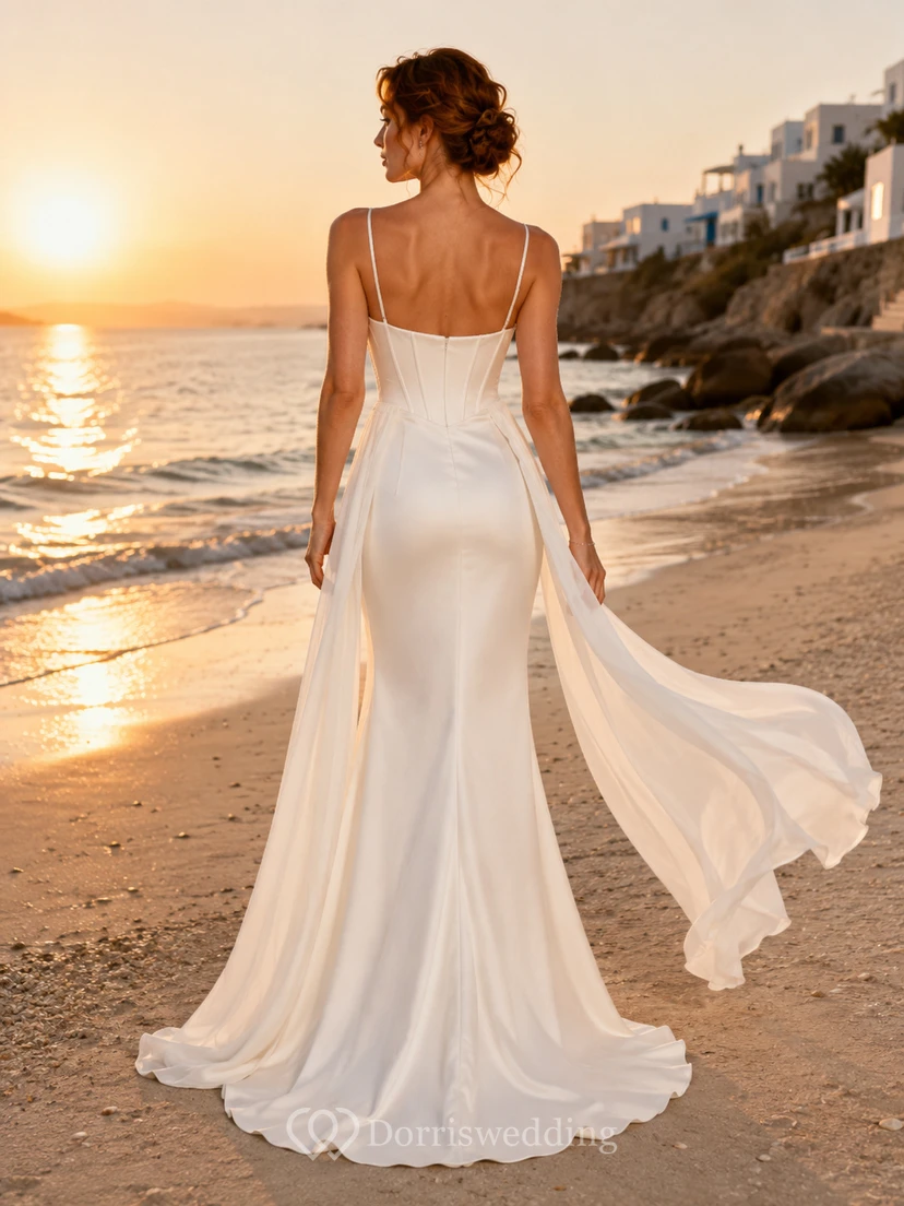 Robe de mariée sexy à bretelles fines en satin et mousseline, jupe fourreau, idéale pour un mariage à destination. view 2