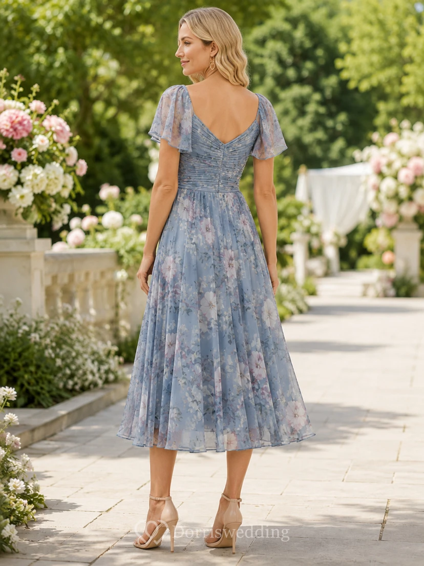 Slate Blue Floral Tea-Length V-Neck Flutter Sleeve Romantic Guest Dress view 2