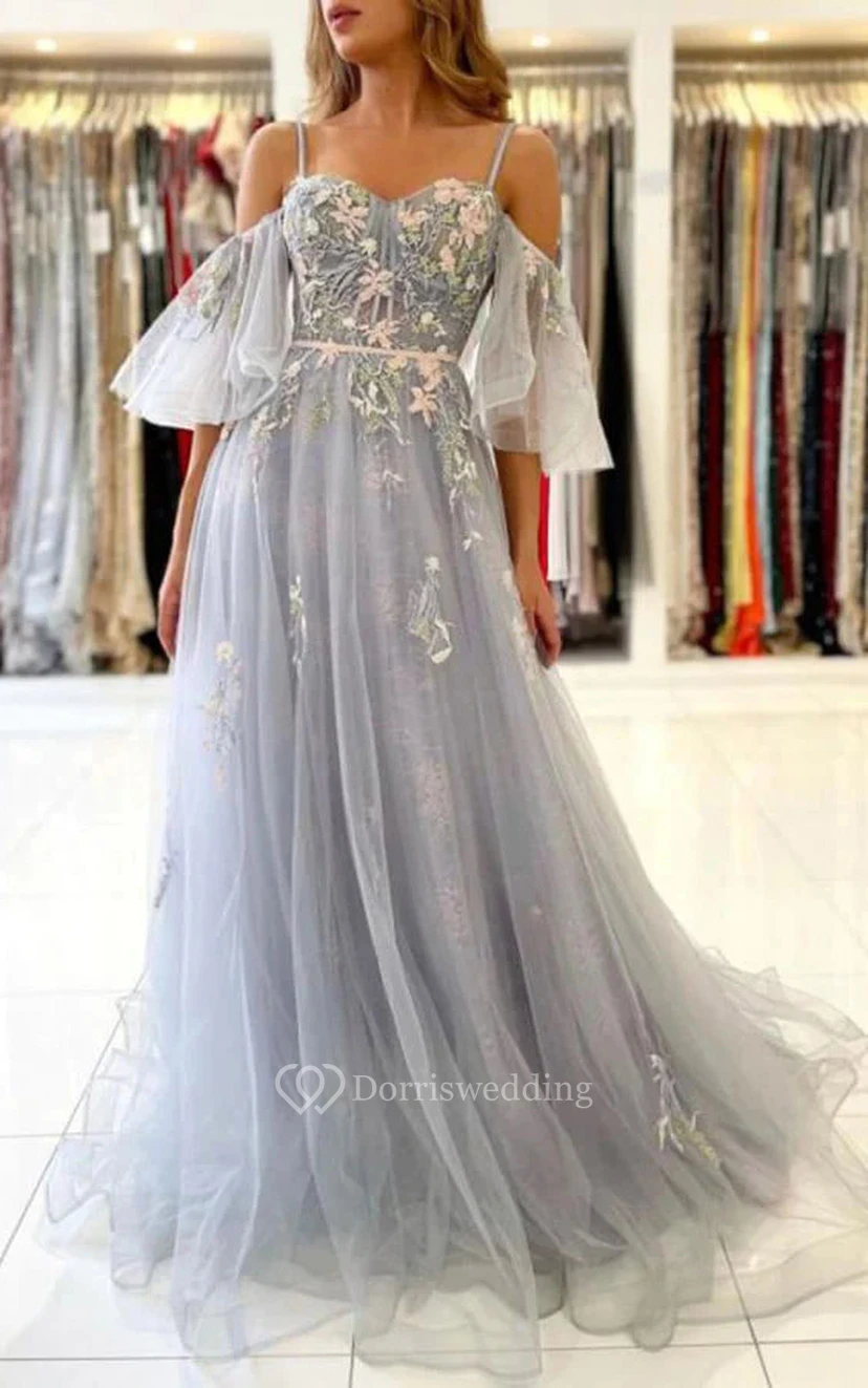 Spaghetti ofs Tulle Lace Applique Pleated Flowy Prom Dress view 4