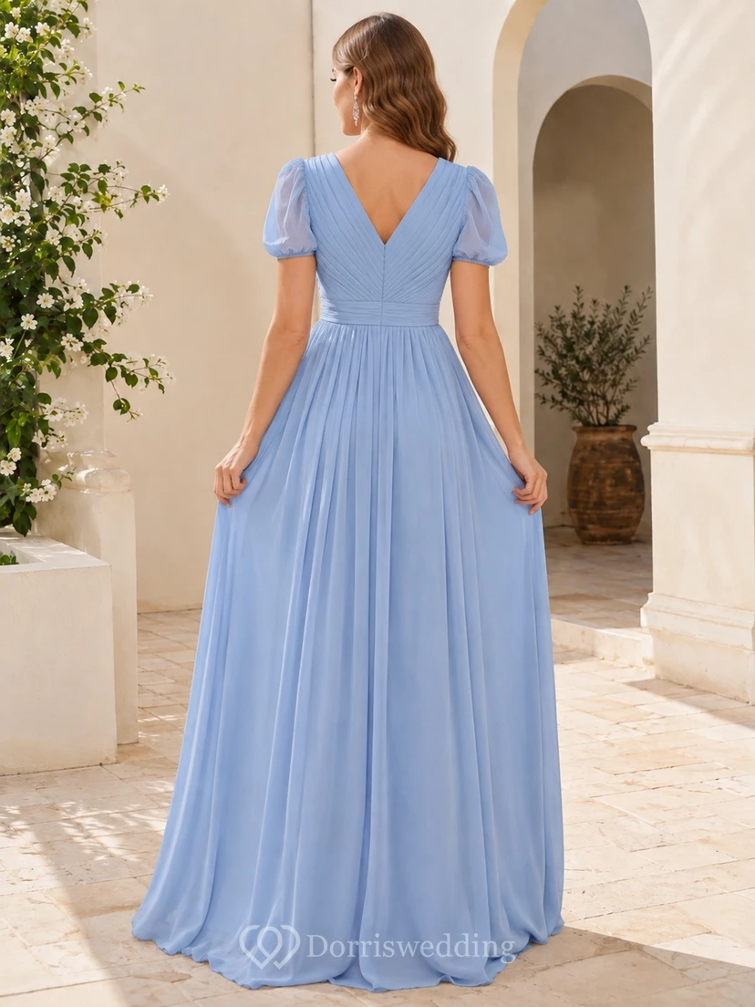 Himmelblaues Chiffon-Kleid in A-Linie mit V-Ausschnitt, Puffärmeln und Falten view 2
