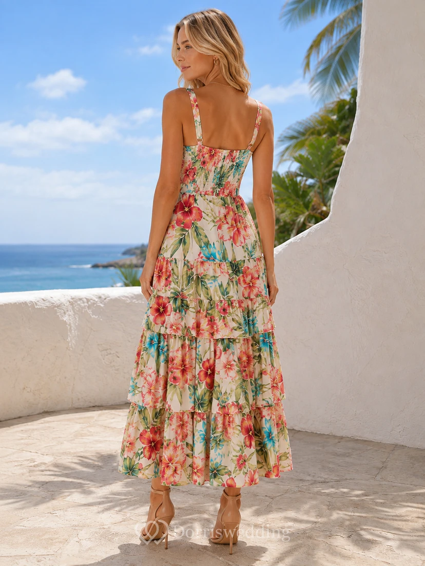 Vestido midi de gasa con tirantes finos y estampado floral caribeño para invitadas view 2