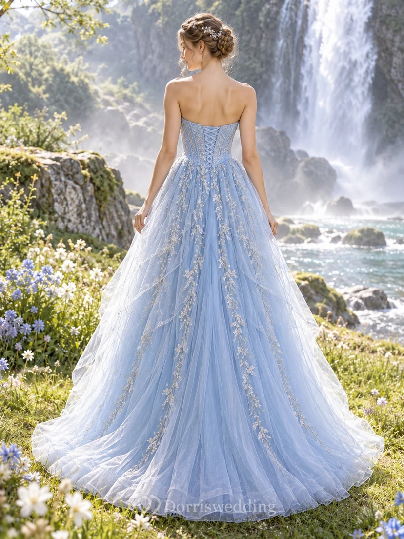 Fairy Sky Blue Strapless Sweetheart Silver Floral Layered Prom Gown view 2