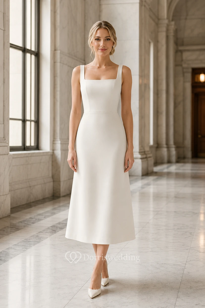 Square Neck Tea-Length Sheath Wedding Dress with Button Back