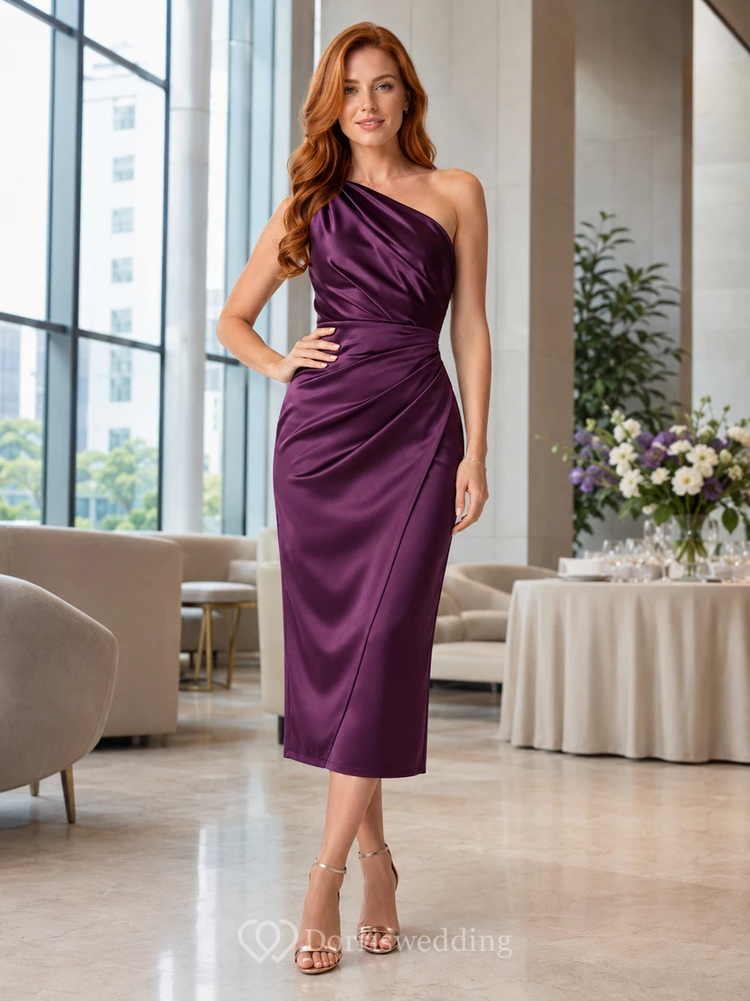 Plum One Shoulder Ruched Satin Annual Dinner Midi Dress