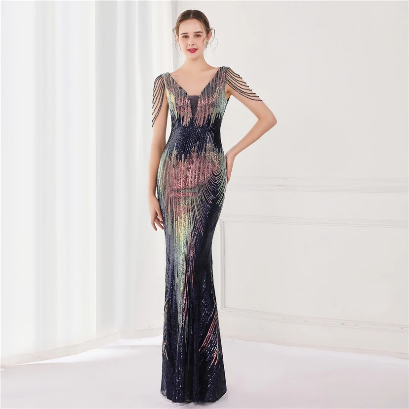 Vestido largo de lentejuelas con cola de pez, ideal para eventos, banquetes, eventos de celebridades y eventos de moda. Vestido de noche con etiqueta para modelos de automóviles. view 28