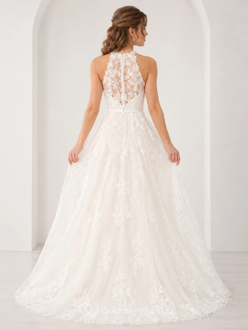 Petite High Neck Neckholder A-Linien Brautkleid aus Spitze view 2