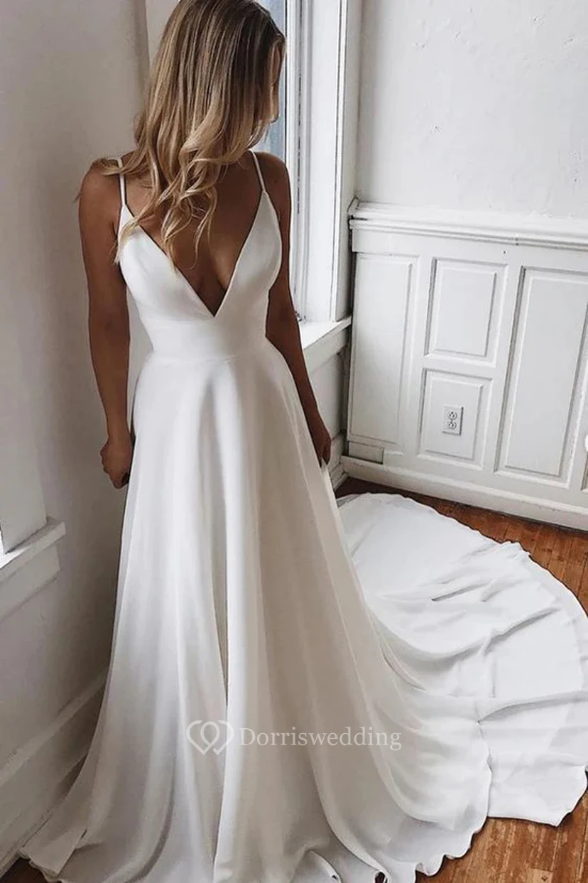 Spaghetti Plunged Sexy Empire Sleeveless Chiffon A-line Wedding Dress view 2