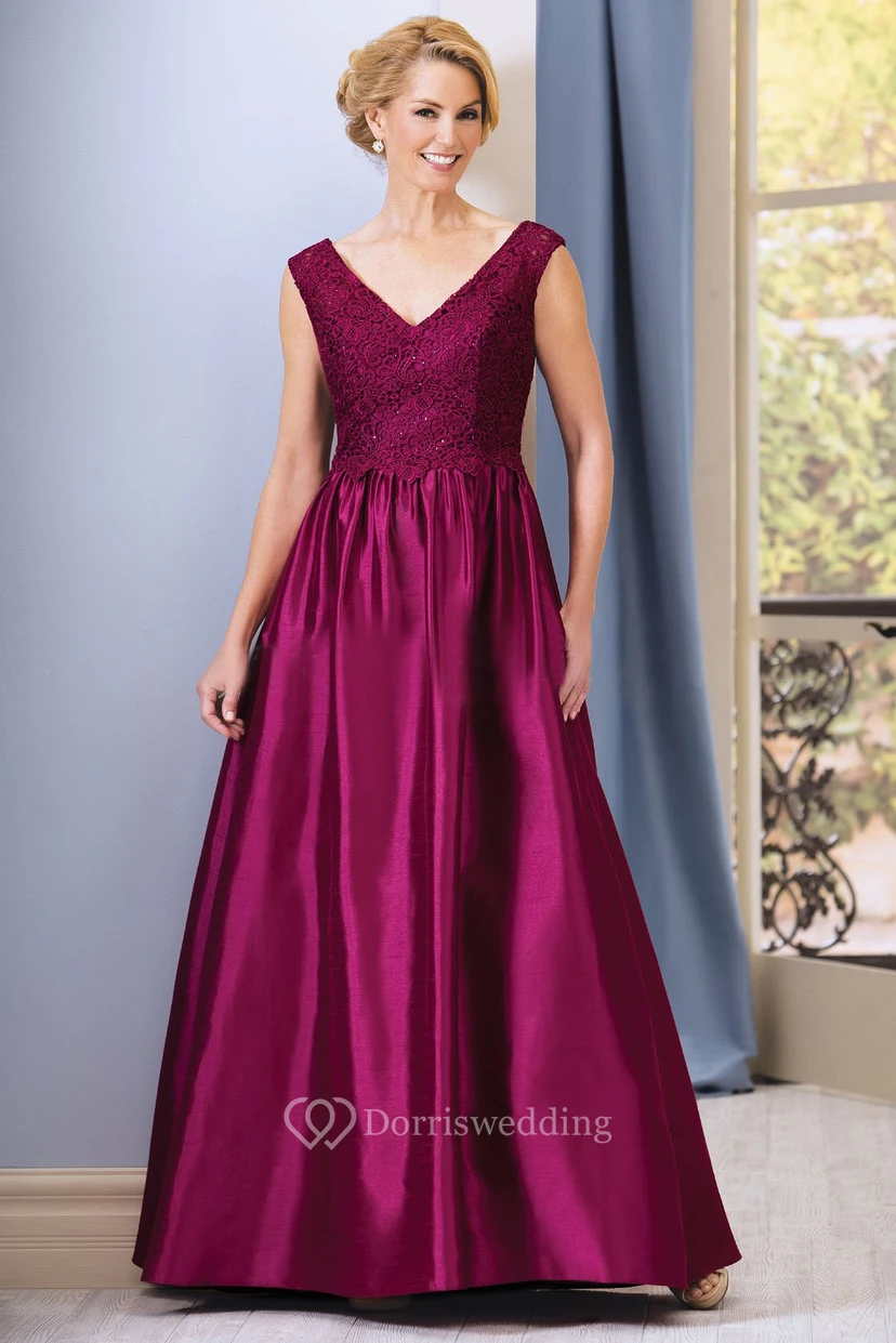 Cap-Sleeved V-Neck A-Line Taffeta Mother Of The Bride Dress With Lace And Beadings