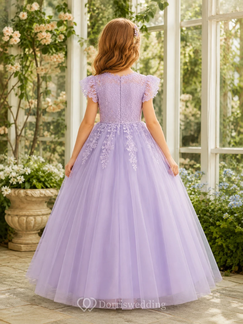 Pastel Tulle with Applique Bodice Lace A-Line Flower Girl Dress with Short Sleeves, Jewel Neck and Tea-Length Skirt view 2