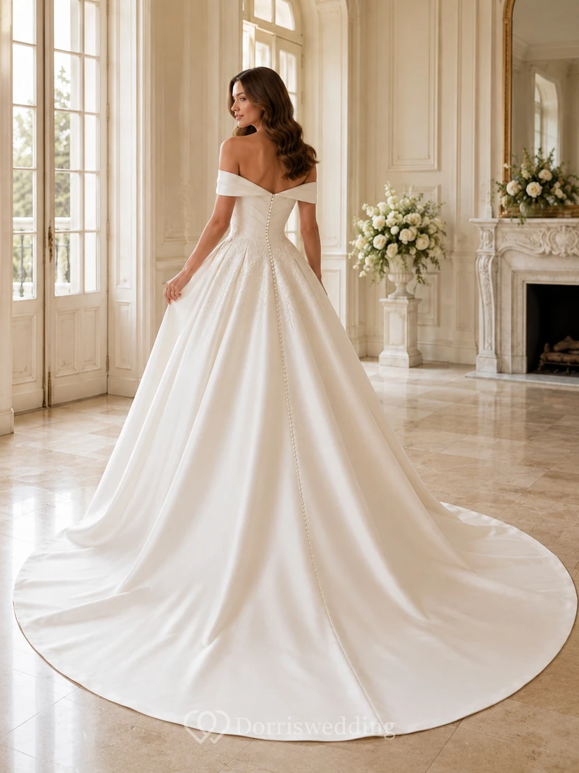 Modern Satin Off shoulder Short Ball Gown Cathedral Pleats Refined Zipper Back Wedding Dress view 2