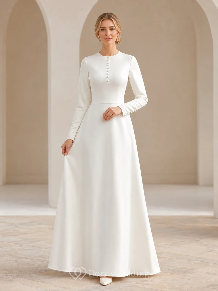 Vestido de manga larga blanco con escote joya y corte en A, estilo templo mormón.