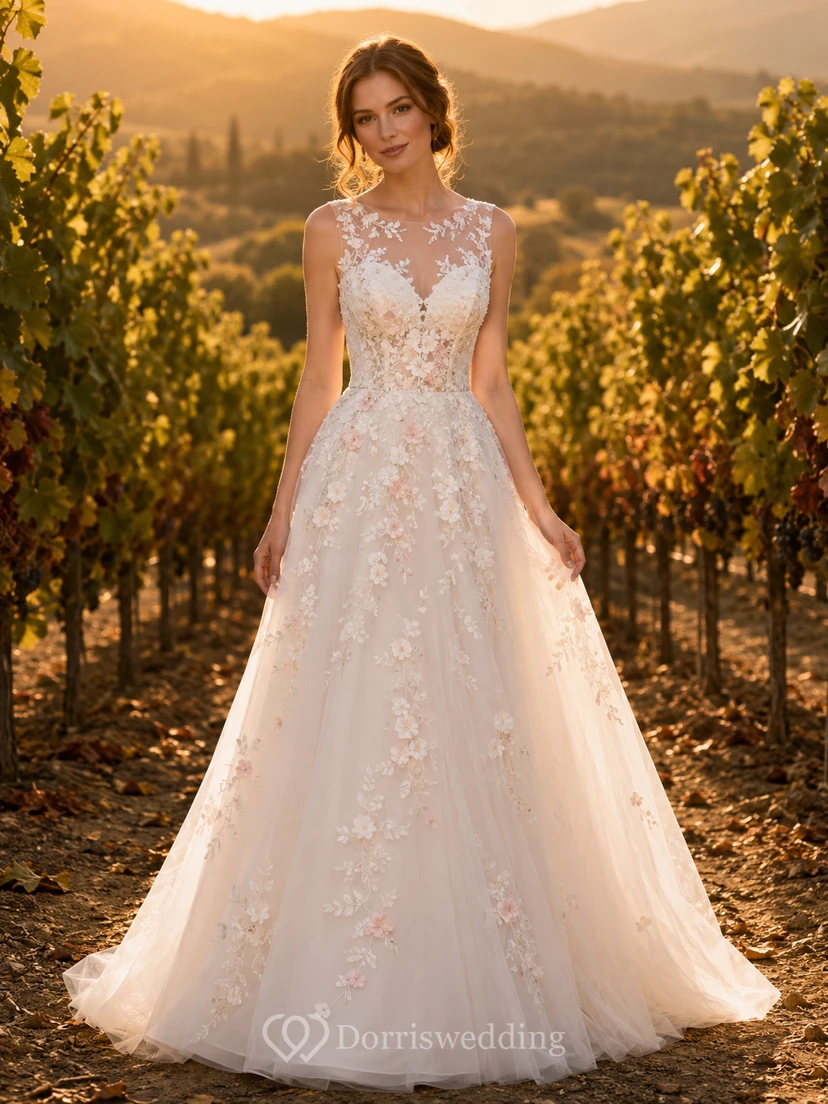 Champagnerfarbenes Brautkleid mit floralem Illusionsrücken und A-Linien-Design