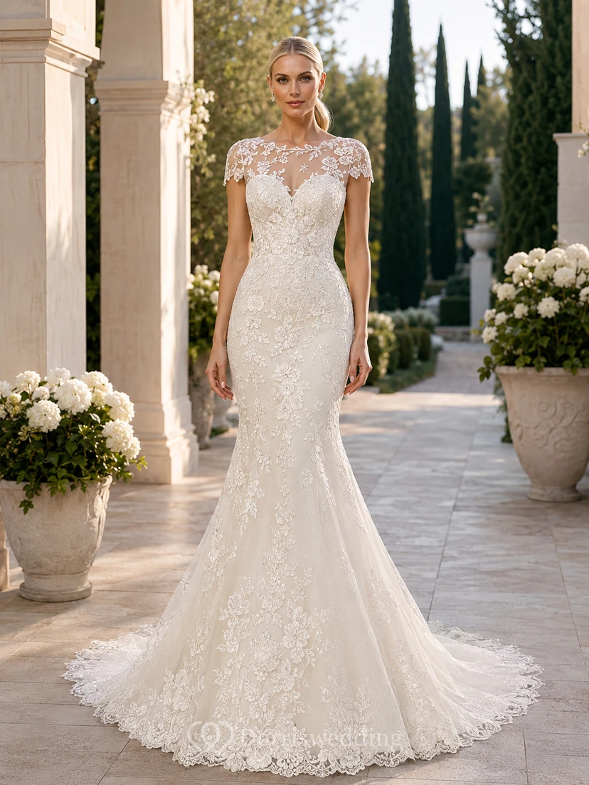 Robe de mariée sirène en dentelle à manches courtes illusion, style jardin