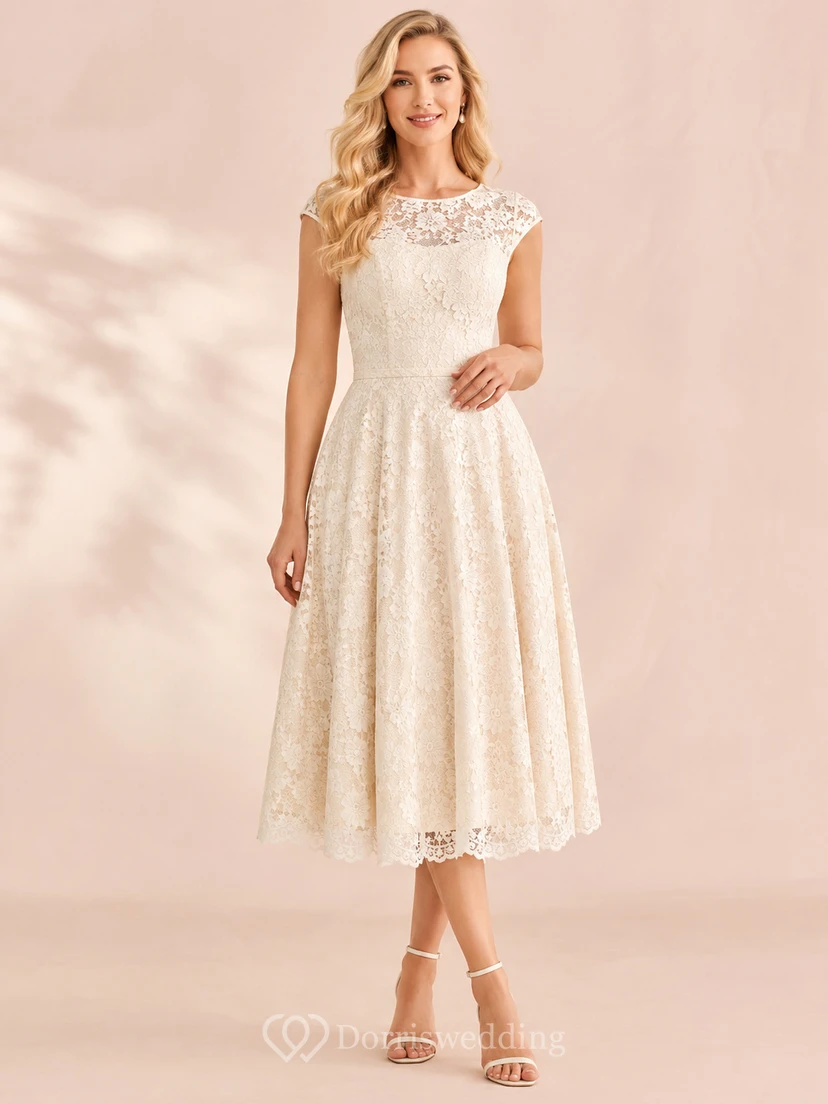 Vestido de invitada vintage de manga corta, corte A, largo midi, con escote barco y encaje de camafeo color marfil.