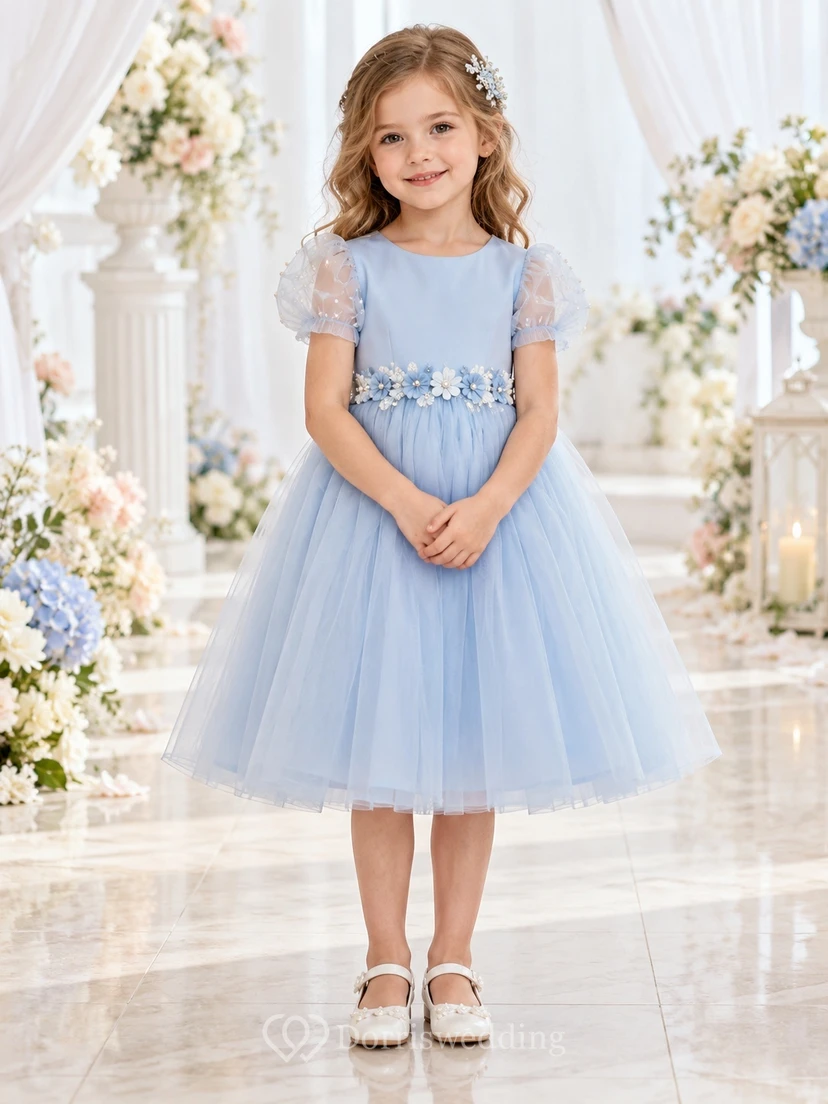 Sky Blue Pearl Puff Sleeve Floral Waist Tulle Flower Girl Dress