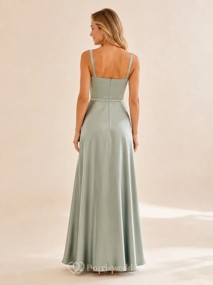 Sage Square Neck Spaghetti Satin A-Line Floor-Length Bridesmaid Evening Dress view 2
