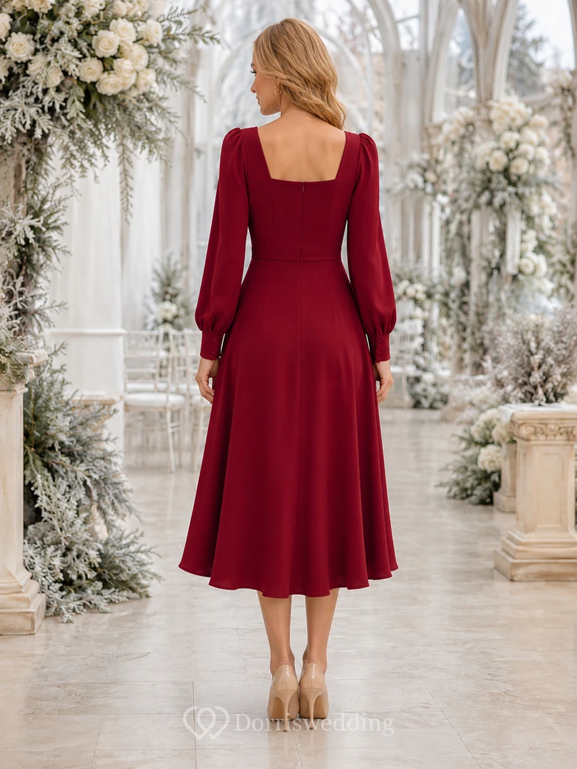 Robe midi en mousseline rouge à col carré et manches poétiques view 2