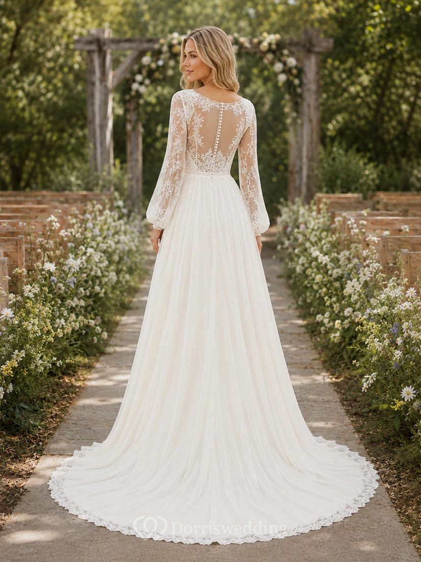 Affordable Boho Long Sleeve Lace Chiffon Garden Bridal Gown view 2