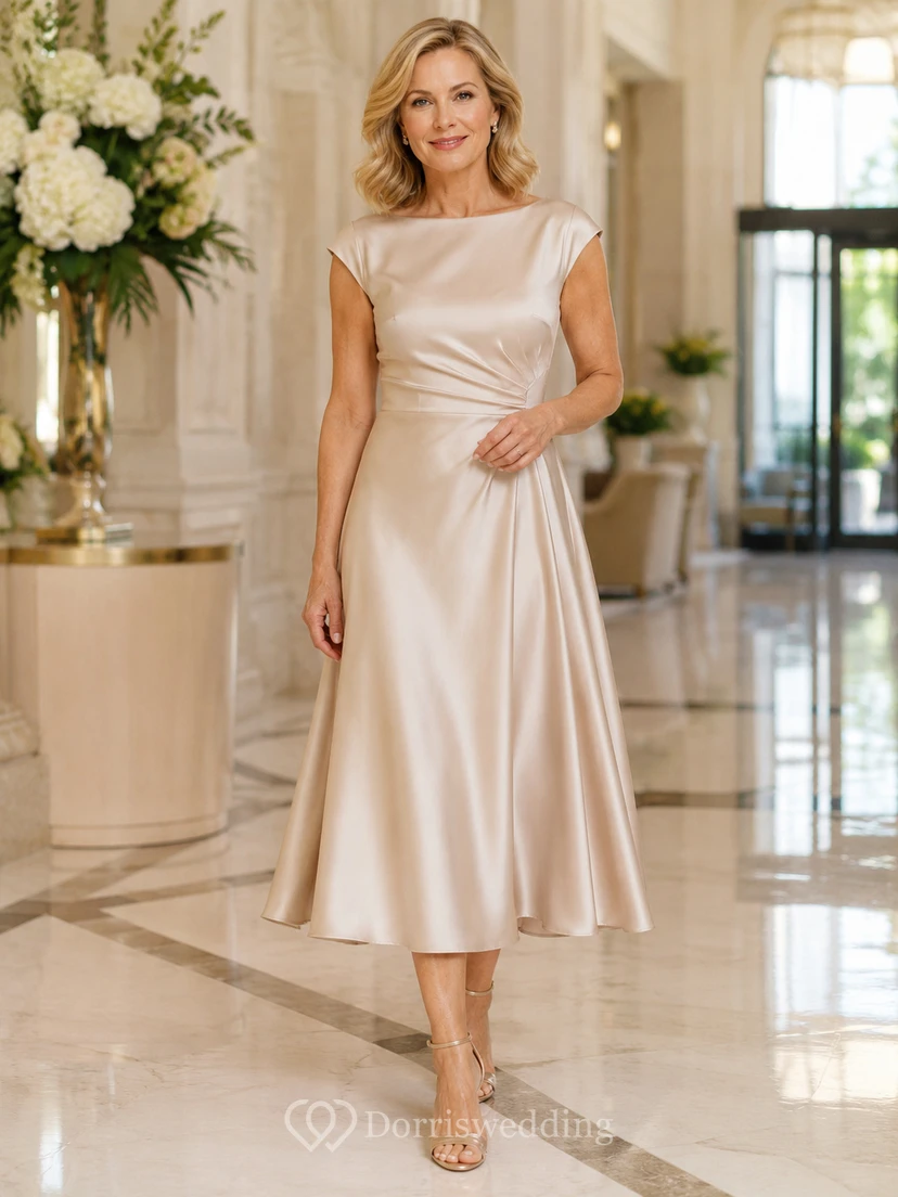 Champagnerfarbenes, schlichtes, elegantes A-Linien-Kleid aus Satin mit U-Boot-Ausschnitt, kurzen Ärmeln und Teelänge – perfekt für die Mutter der Braut.