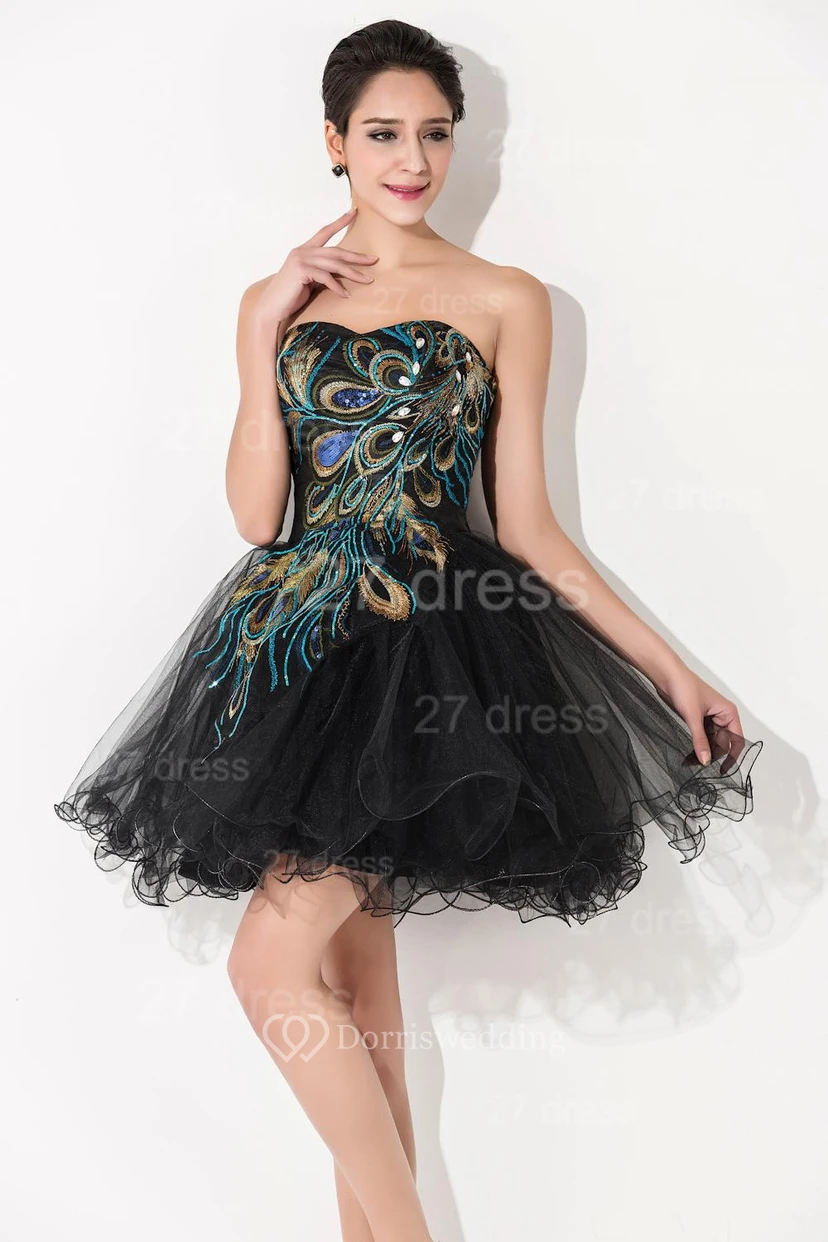 Sexy Black Sweetheart Short Tulle Homecoming Dress Peacock Design view 2