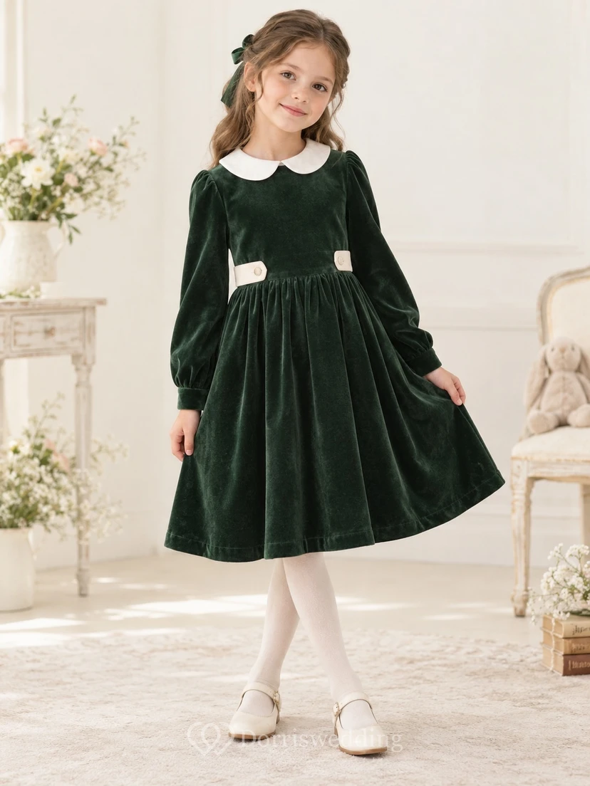 Robe de demoiselle d'honneur modeste, vert foncé, manches longues, longueur genou, couleur crème, boutonnière évasée. view 2