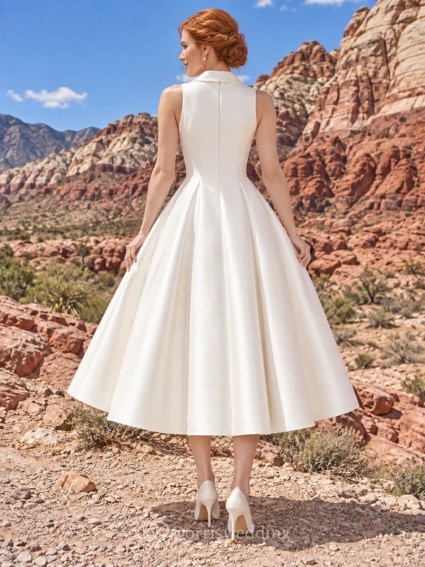 Vestido de novia sencillo de corte A, largo hasta la rodilla, escote en V, sin mangas, plisado, de satén de algodón view 2