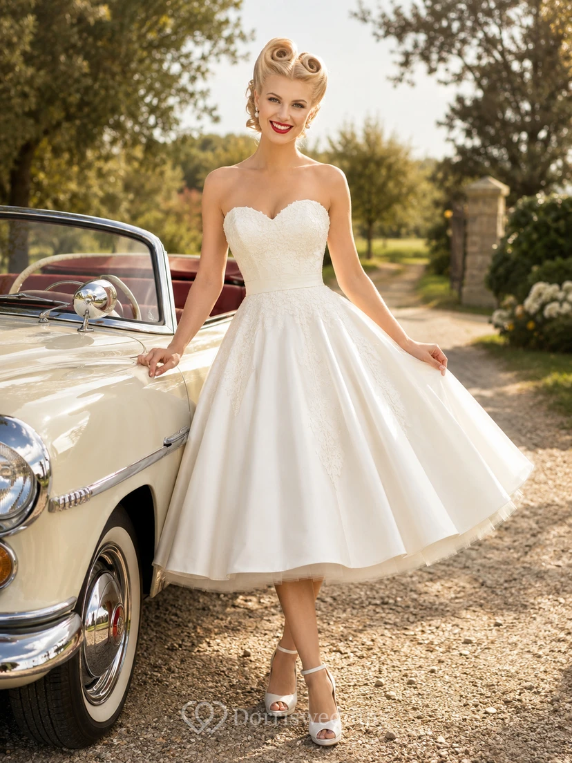 Retro Sweetheart Strapless Satin Tea-Length A-Line Wedding Dress