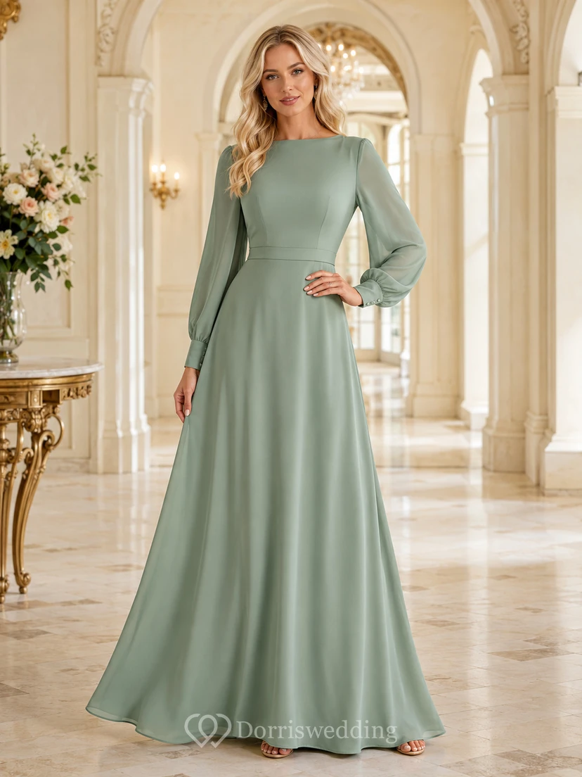 Sage High Neck Long Sleeve Chiffon Formal Dress